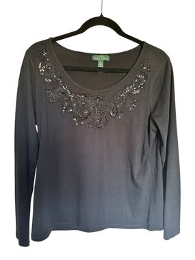 Lauren Ralph Lauren LRL Black Embellished Long Sleeve Top Size L Beaded Neckline